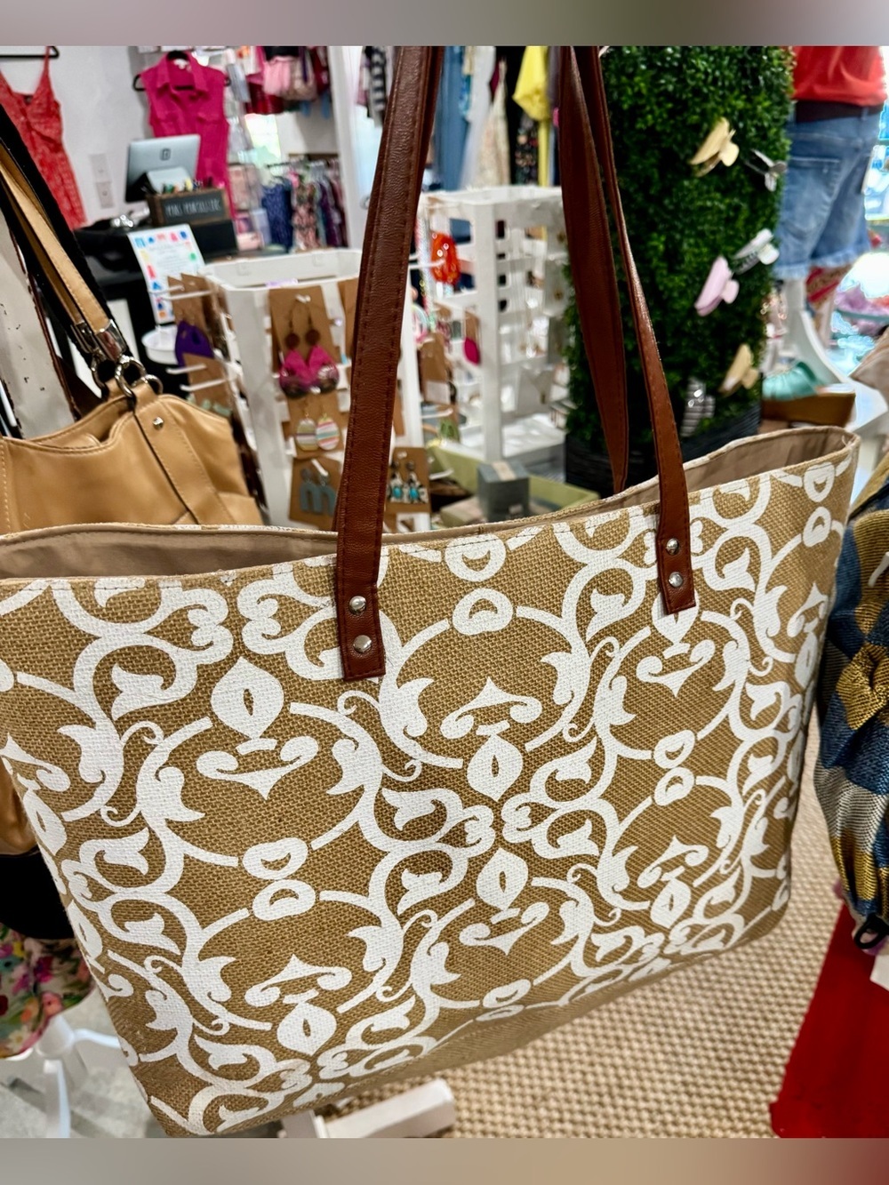 Stylish Tan & White Patterned Tote Bag with Brown Straps